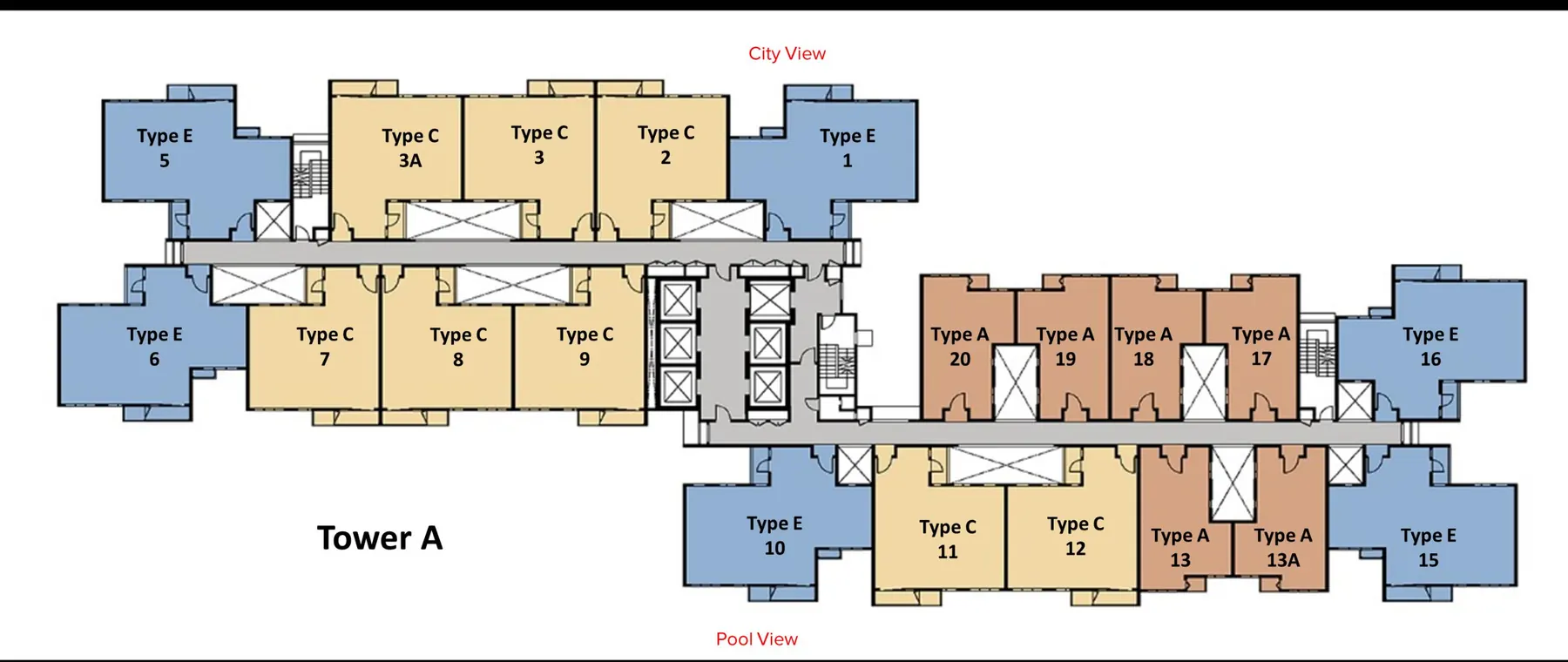 Tower A typical floor plan with unit types