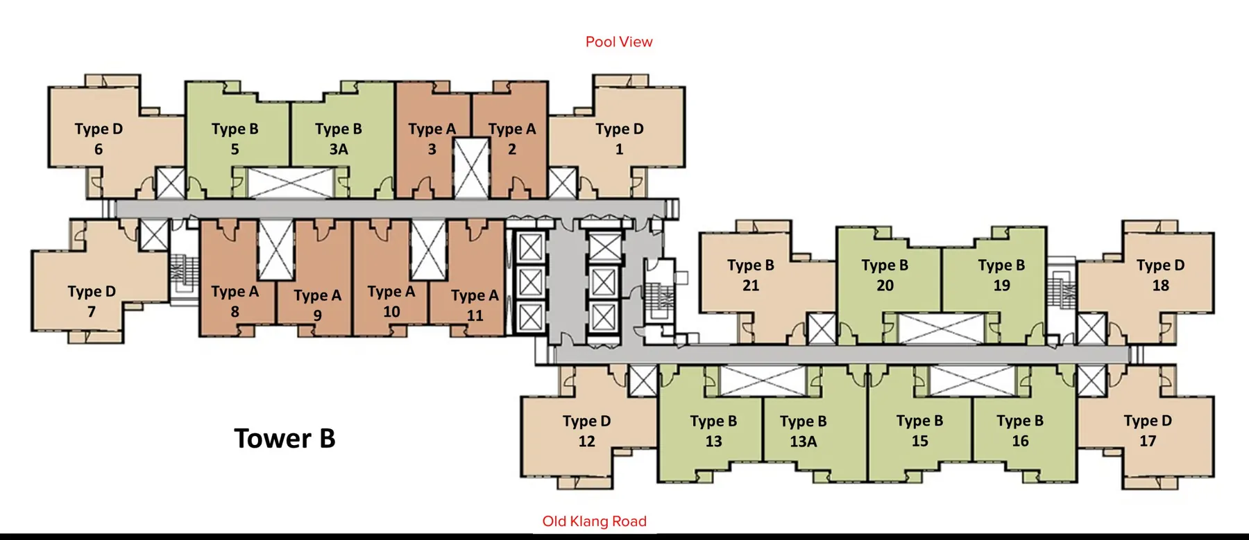 Tower B typical floor plan with unit types