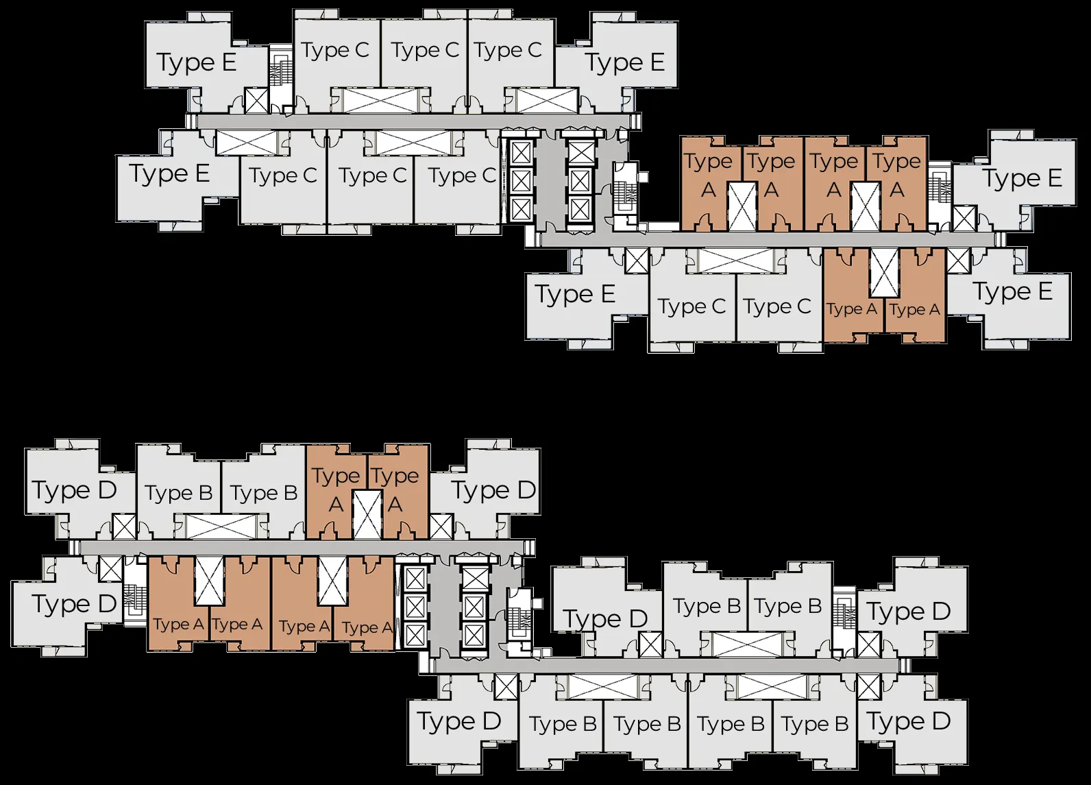 Key plan showing where Type A units sit in Tower A and Tower B
