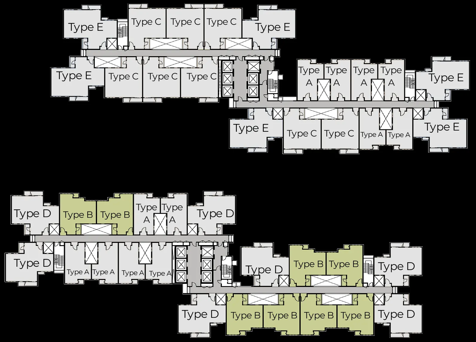 Key plan showing where Type B units sit in Tower A and Tower B