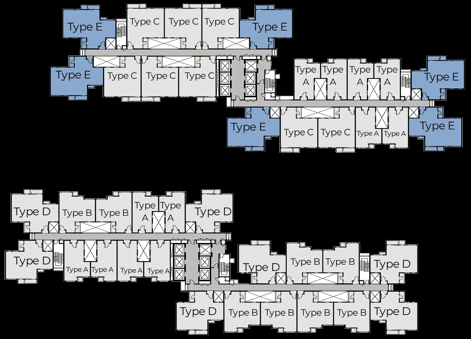 Key plan showing where Type E units sit in Tower A and Tower B