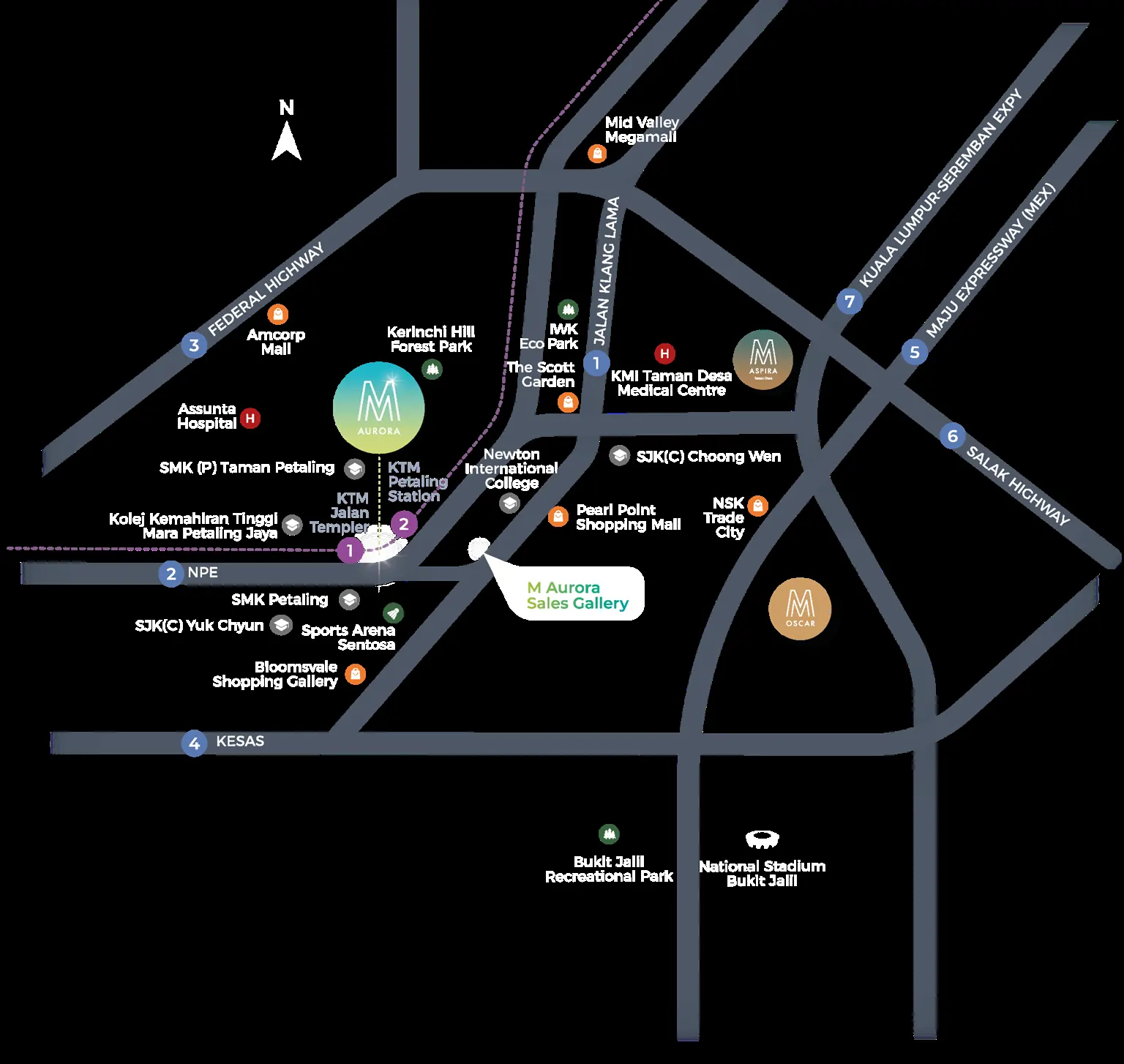 Location map of M Aurora on Old Klang Road with nearby KTM stations, malls, schools and hospitals