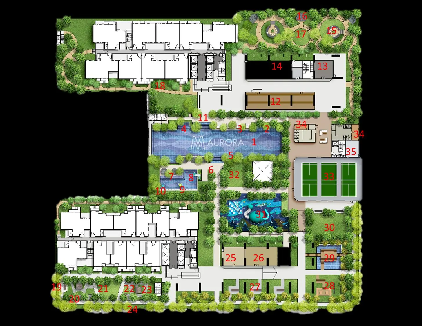 M Aurora Level 8 facilities deck plan with numbered facilities