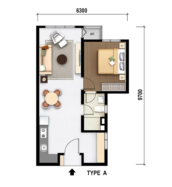 M Aurora Type A floor plan, 556 sq ft