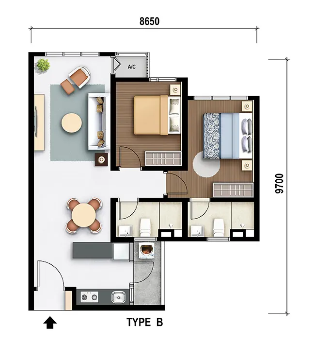 M Aurora Type B floor plan, 737 sq ft