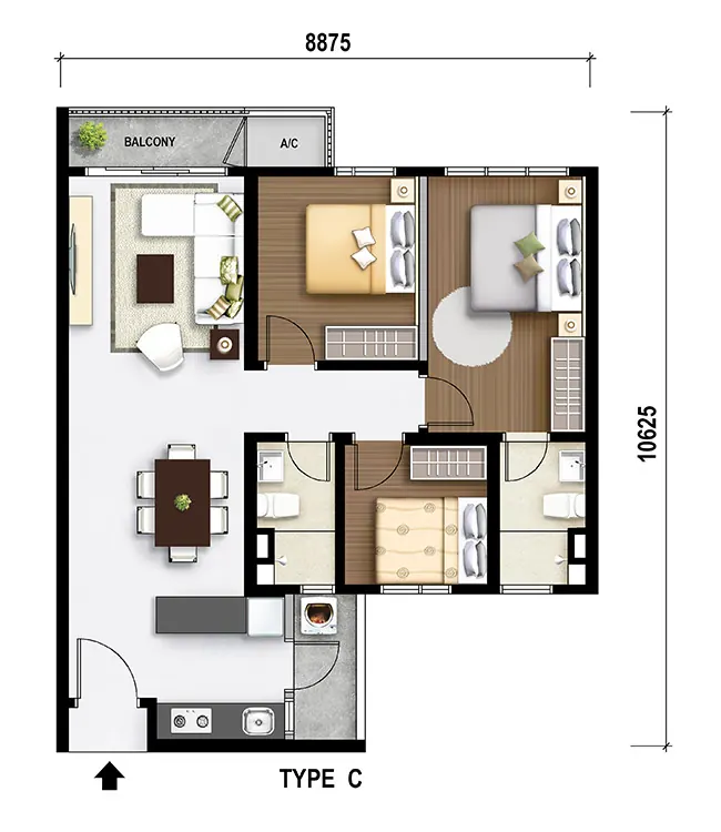 M Aurora Type C floor plan, 858 sq ft