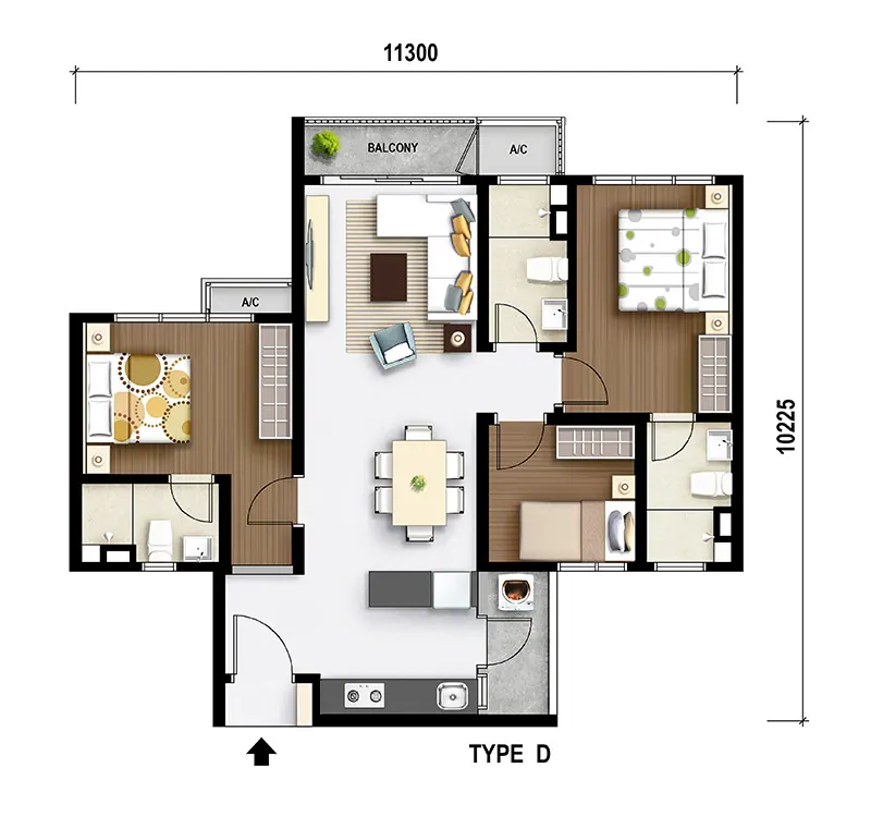 M Aurora Type D floor plan, 916 sq ft