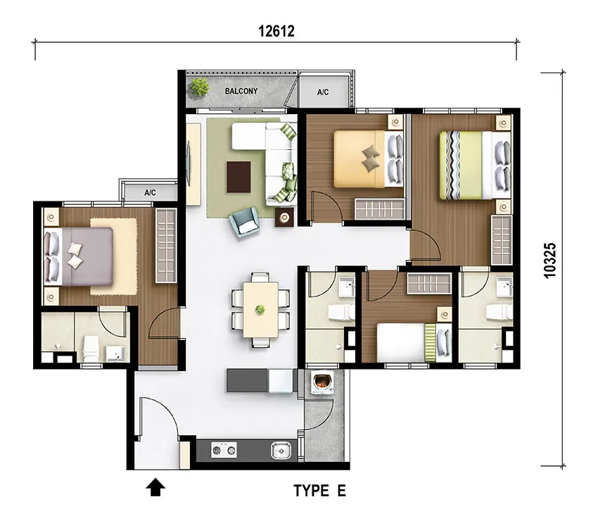 M Aurora Type E floor plan, 1,019 sq ft