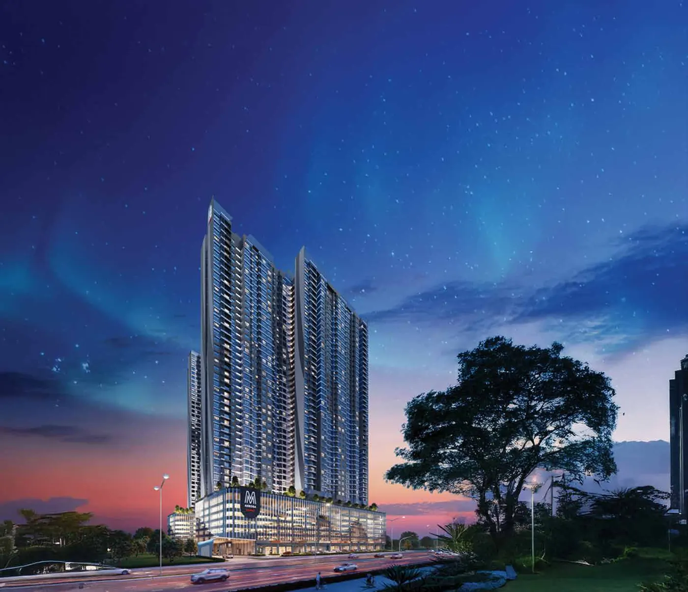 M Aurora towers at dusk